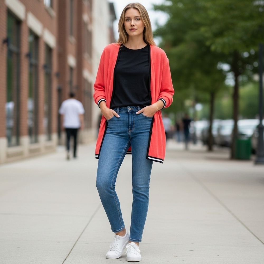 Misook vibrant red V-neck knit cardigan bold black trim striped detail S vintage